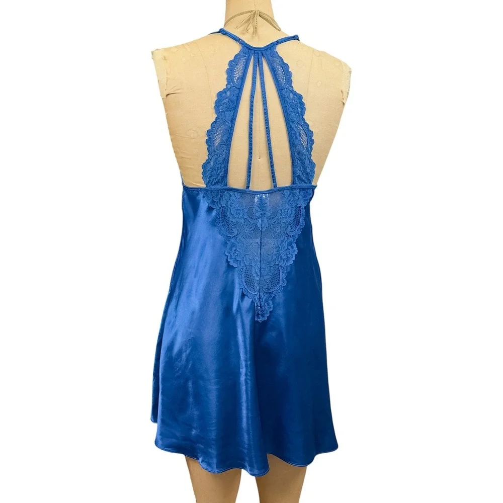 Coquette Blue Lace Chemise Nightie Strappy Back Satin Romantic Dainty One Size